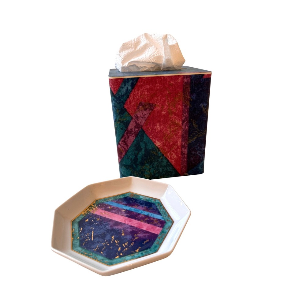 Vintage Andre Richard Jeweled Marble Tissue Box Cover Trinket Dish Set 80s Japan